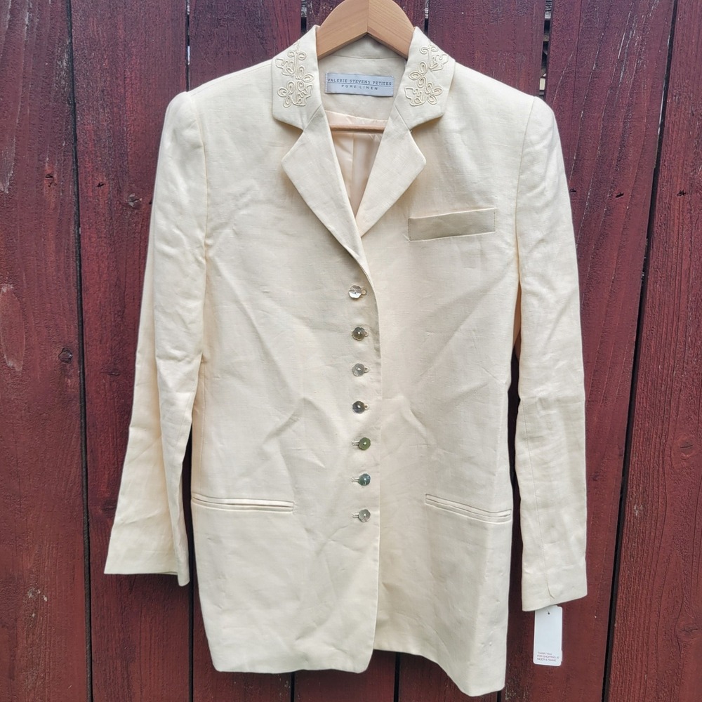 VTG Cream 100% Linen Embroidered Longline Blazer NEW 4P Old Money Emily Gilmore